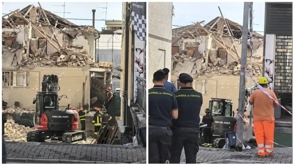 Il crollo della palazzina dopo l'esplosione a Porto Sant'Elpidio: almeno un morto e due feriti. Si cerca una donna dispersa (Foto Zeppilli)