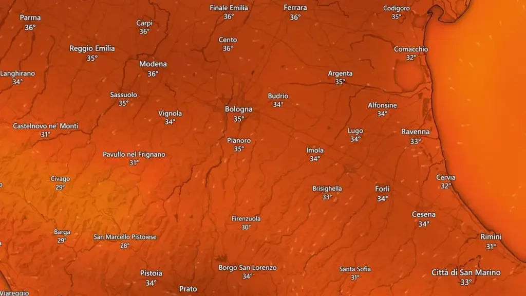 Le temperature previste per giovedì 30 luglio alle 16 secondo il radar Windy