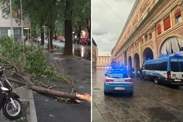 Bad weather in Bologna: gusts of wind, blackouts, and flooding. A tree falls on a building, damage also to the