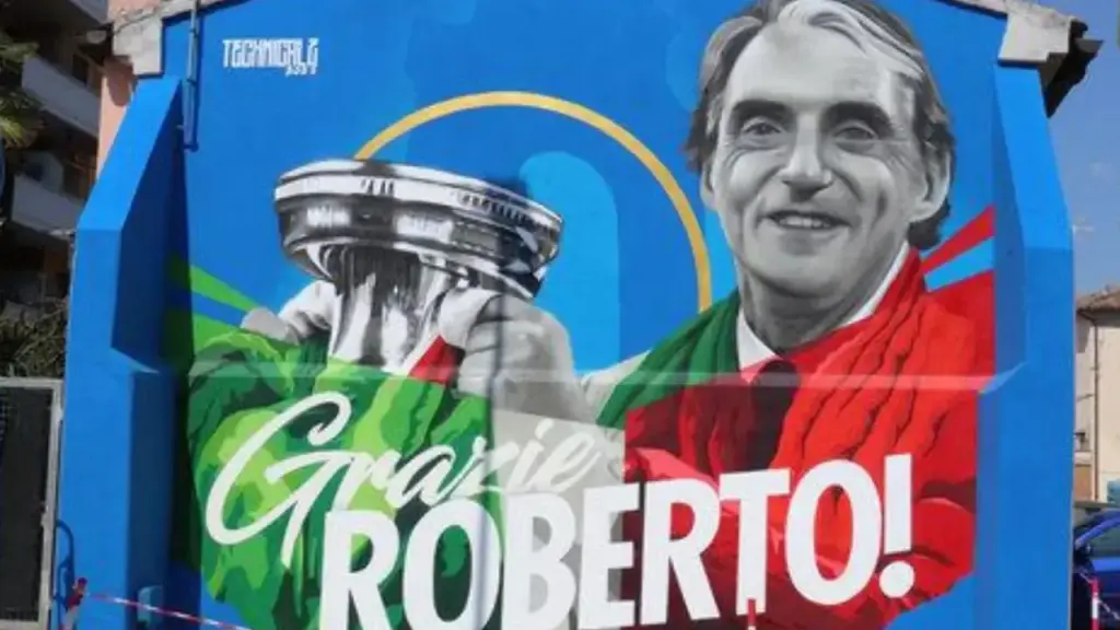 The mural in Jesi dedicated to Roberto Mancini after the 2021 European Championship victory