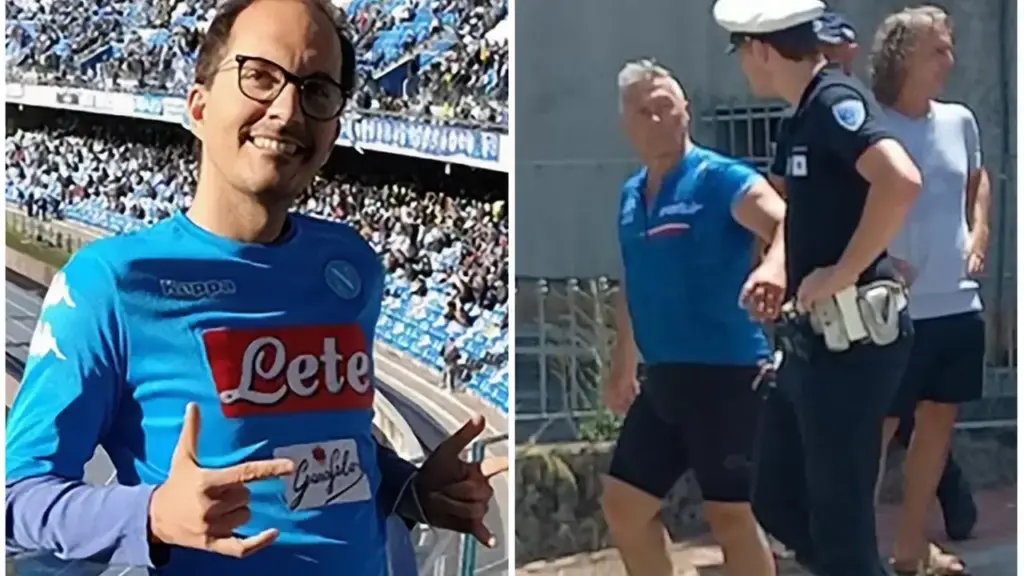 The victim Alessandro Magnani, 41 years old, a big Napoli fan; on the right, the well-known singer Paolo Belli who was riding the bike