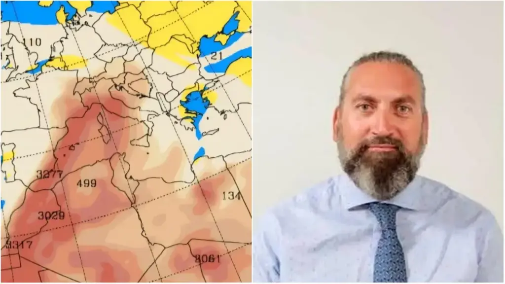 Le polveri desertiche previste venerdì 17 luglio (Skiron Forecast). A destra Roberto Nanni, tecnico meteorologo Ampro