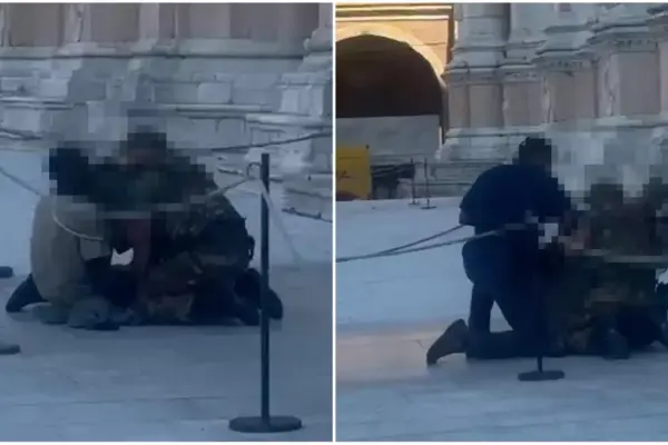 Tension in front of San Petronio: drunk man tries to enter the basilica with a bottle of beer. Stopped by the