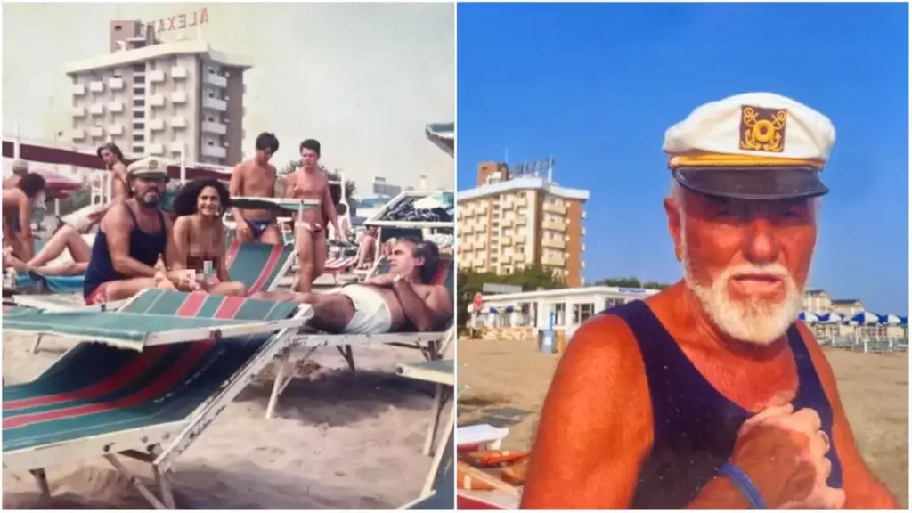 Guerrino e bagnanti in spiaggia alla fine degli anni '70