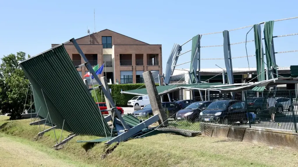 The collapsed car canopy in the fire station parking lot