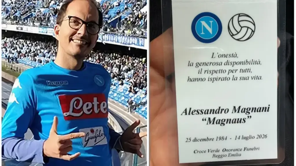 The victim Alessandro Magnani, 41 years old, a big Napoli fan; on the right, the well-known singer Paolo Belli who was on the bike