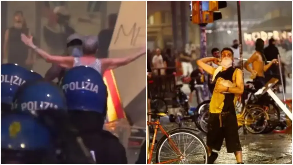 Francesca, 63, tries to stop the troublemakers during the demonstration for Fakir