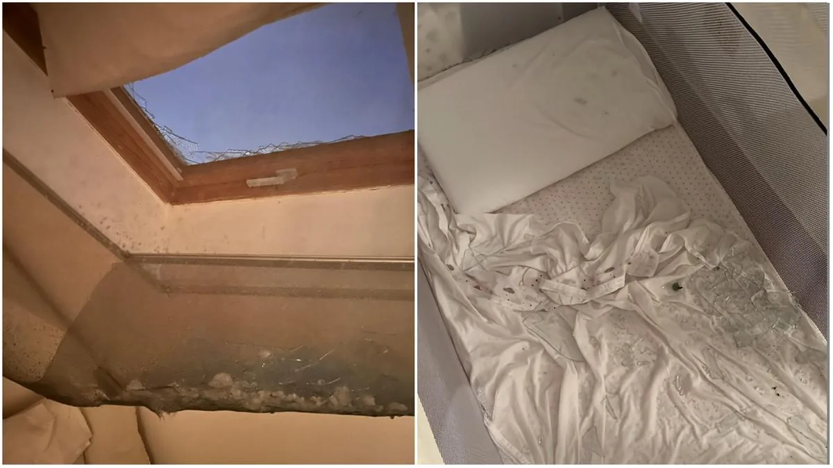 Hail shatters the skylight, glass falls onto the crib of a 2-year-old child