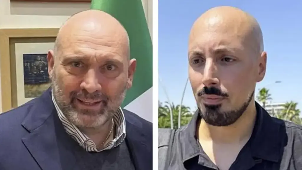 On the left Luca Paolorossi, mayor of Filottrano, accused by Fedez’s journalist, Ivan Grieco, of having attacked him at the event in Civitanova