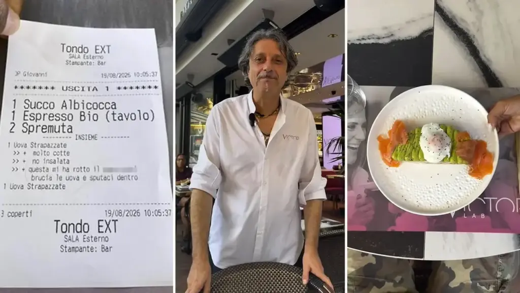 The receipt with the shocking order; the owner of the Riccione venue and one of their dishes (screenshot from the video posted on social media)