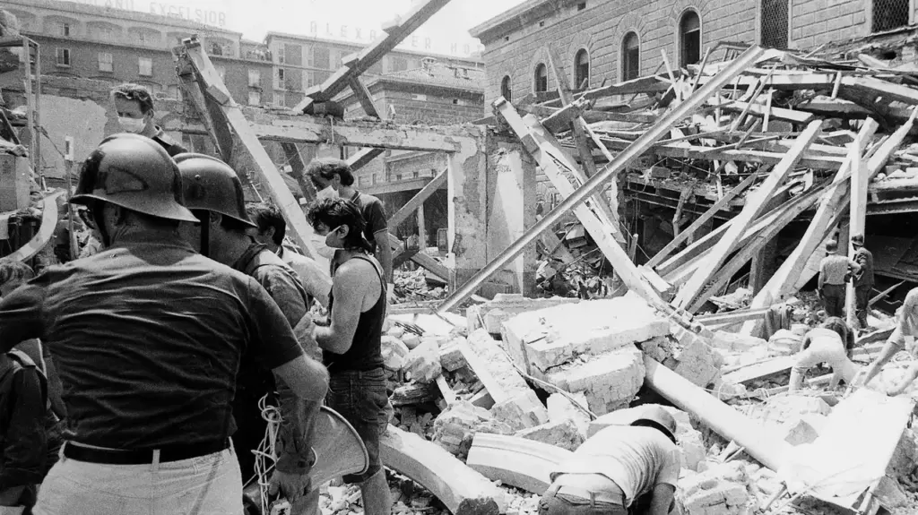 a vintage image of the rescue at Bologna station after the August 2, 1980 massacre