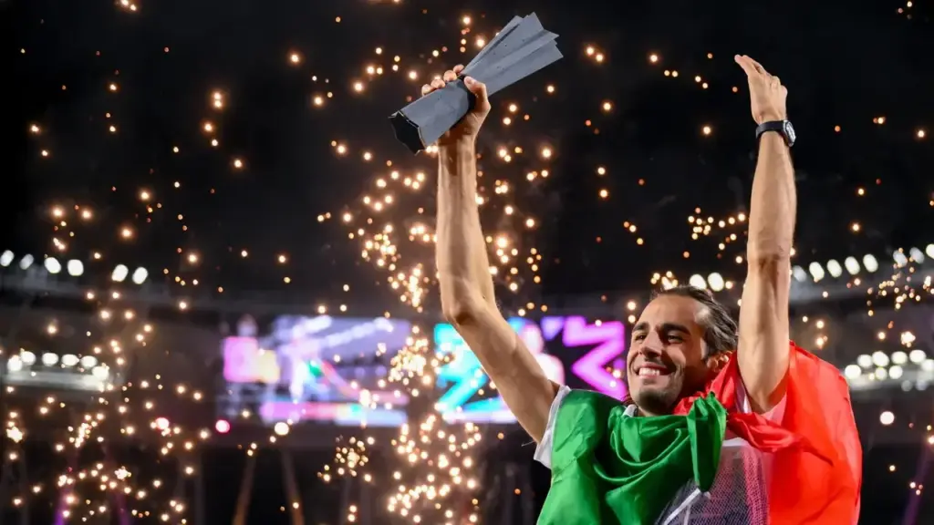 Gianmarco Tamberi celebrates his triumph in Budapest