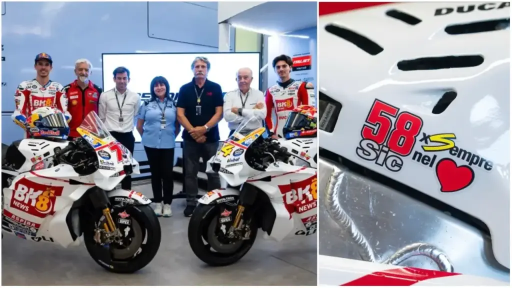 I piloti, le moto e alcuni dei presenti alla presentazione della livrea. A destra la scritta 'Sic58 sempre nel cuore'