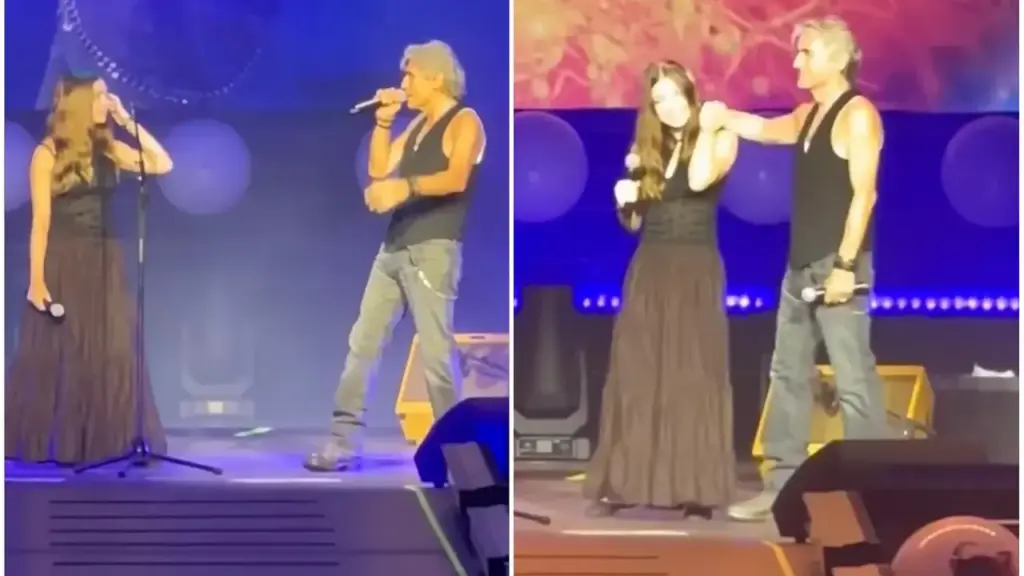 Luciano Ligabue and his daughter Linda during the duet on stage in Jesolo where the father started the 2026 tour (frame from the video)