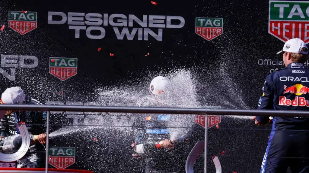 The celebration on the podium at the Spanish GP (Ansa)