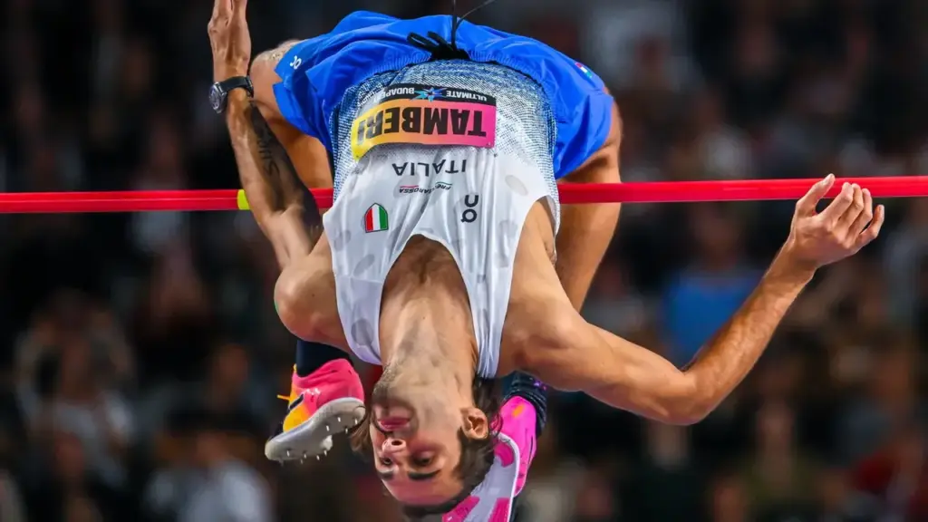 Il salto che ha permesso a Gianmarco Tamberi di vincere gli Ultimate Championship a Budapest